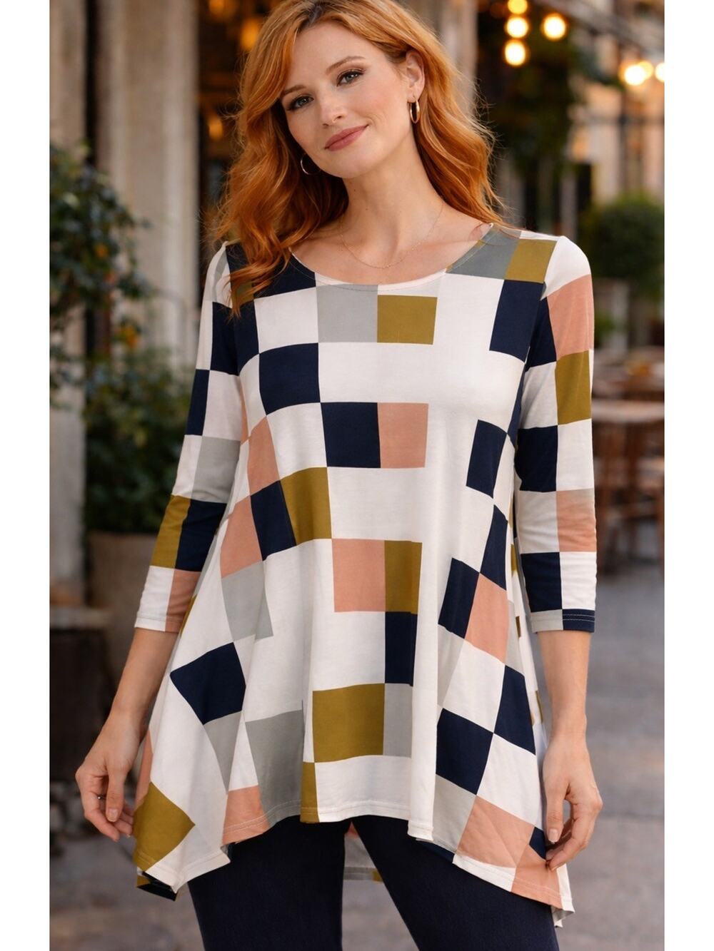 Maison Mascallier Tunic 3X Geometric Neutral Shades 3/4 Sleeve